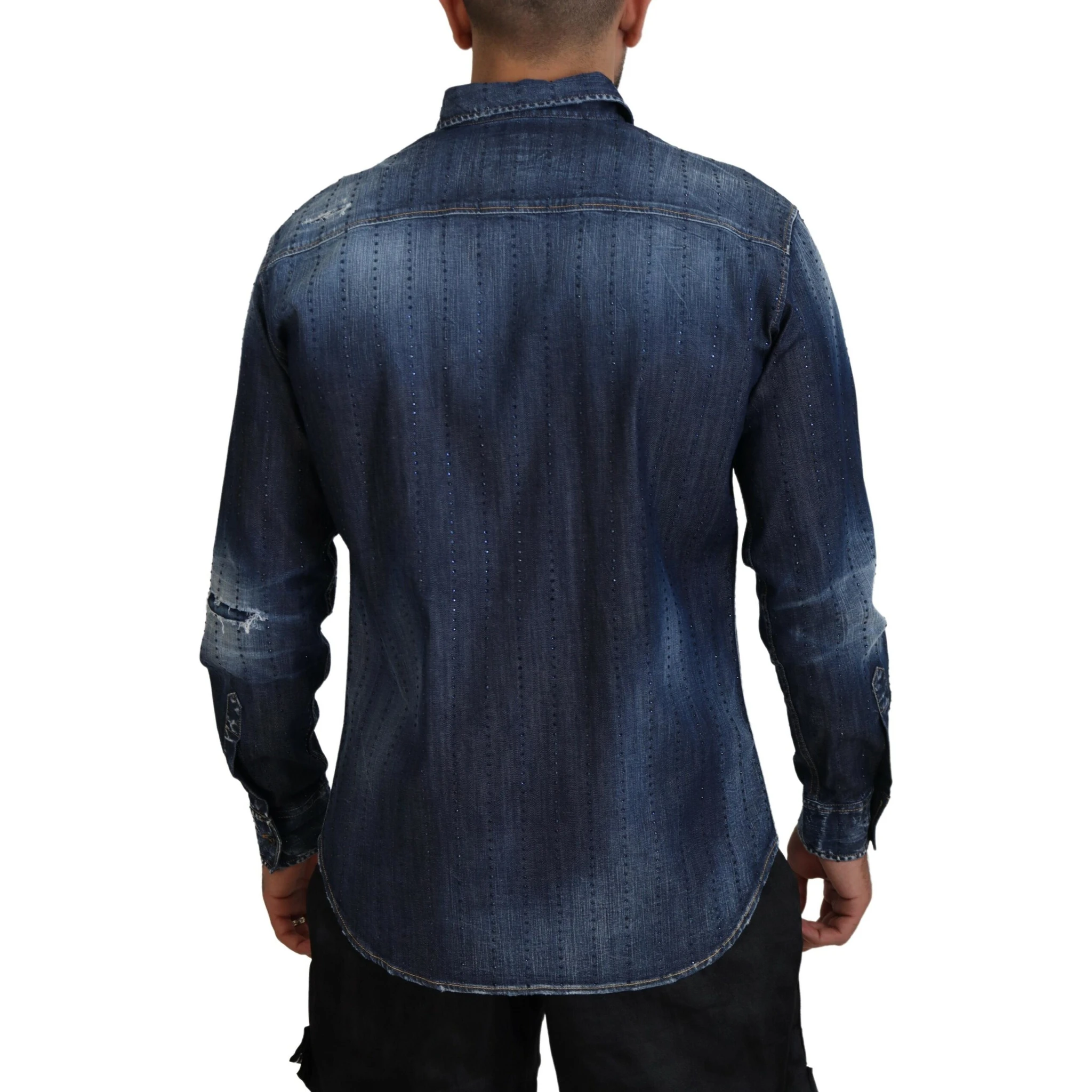 Blue Tattered Crystal Embellished Denim Shirt