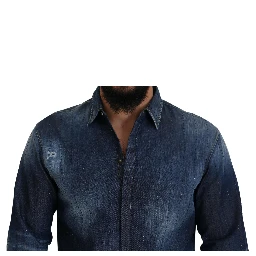 Blue Tattered Crystal Embellished Denim Shirt