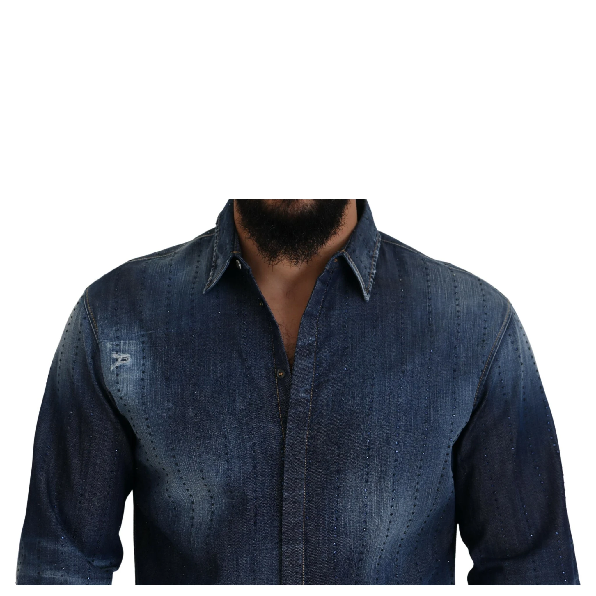 Blue Tattered Crystal Embellished Denim Shirt