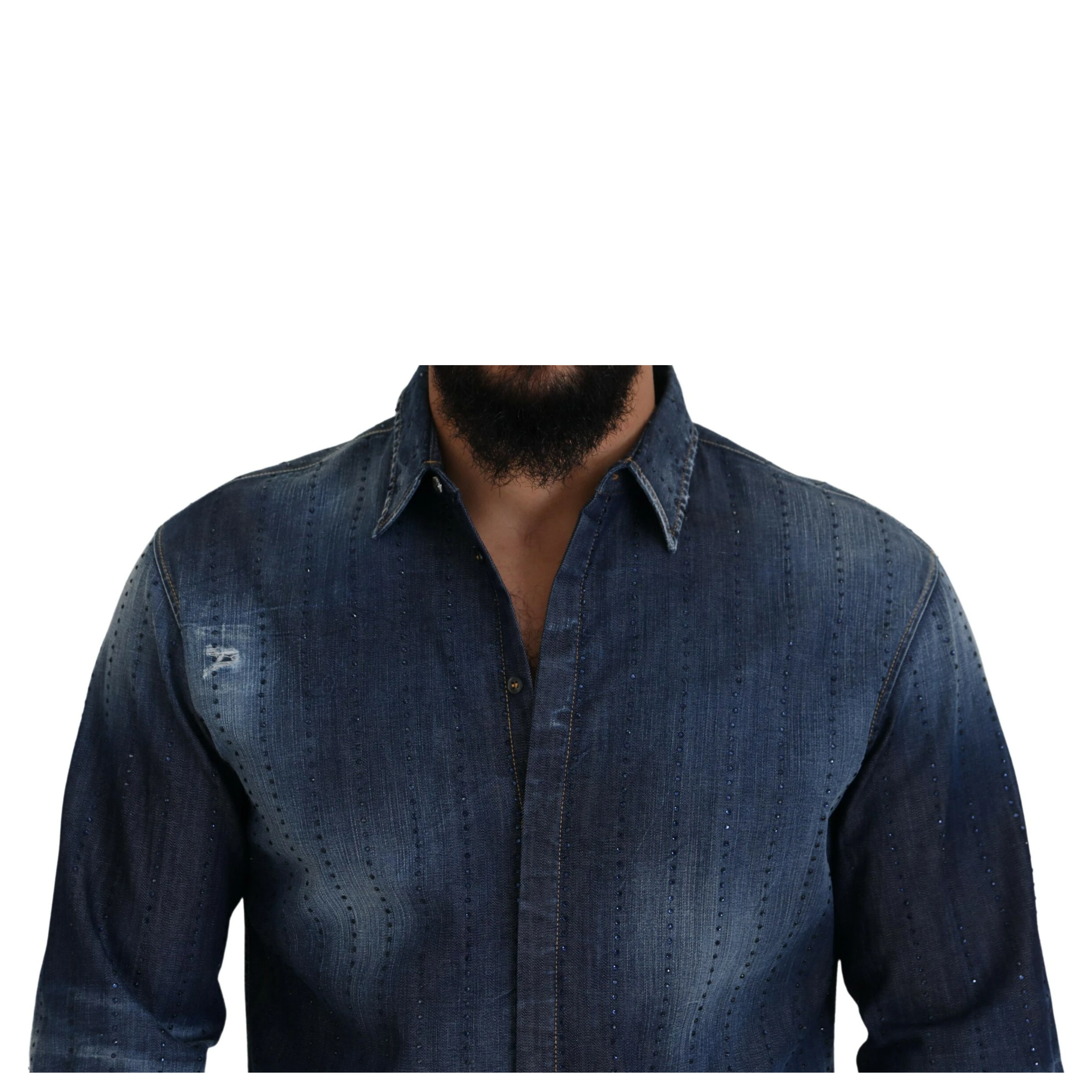 Blue Tattered Crystal Embellished Denim Shirt