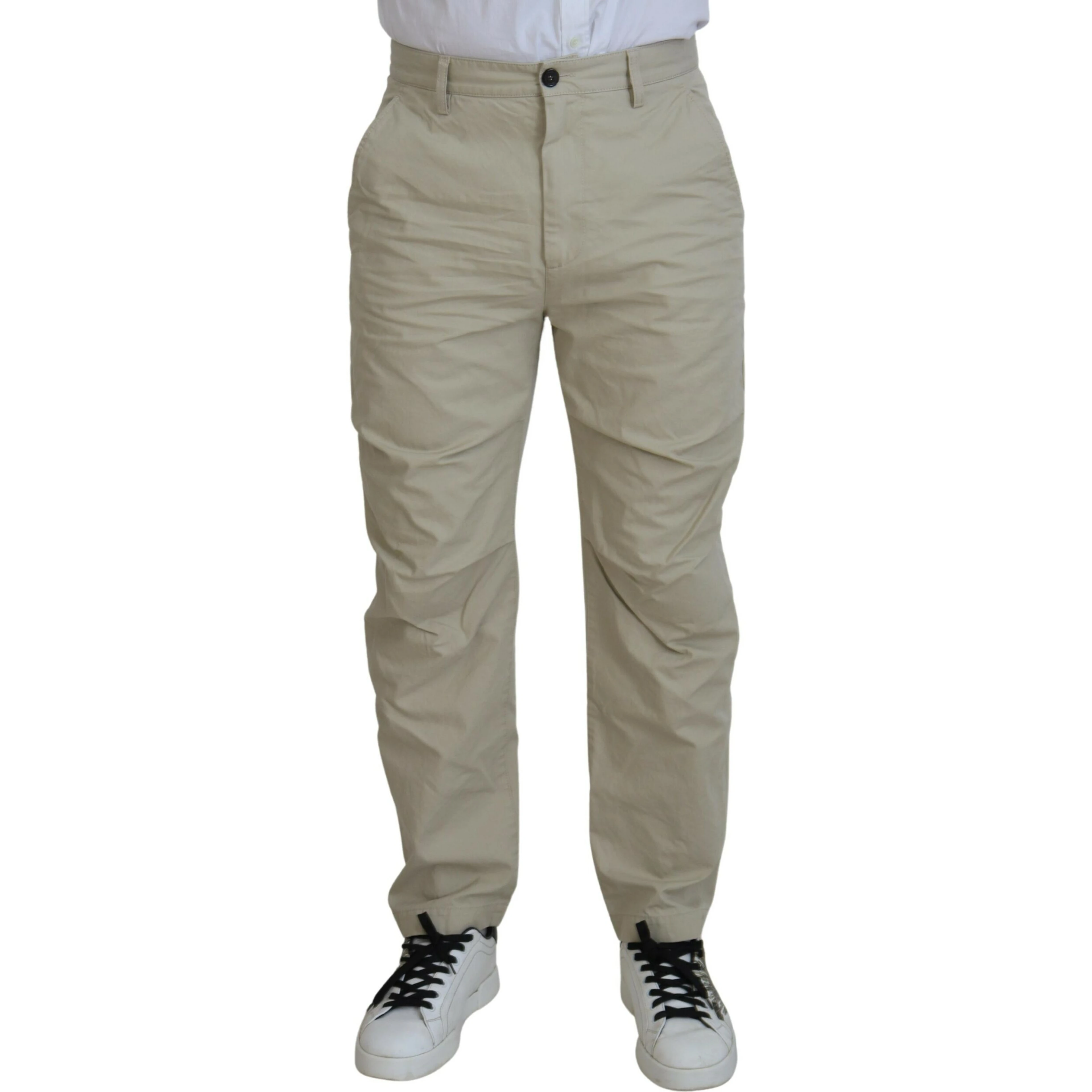 Beige Cotton Straight Fit Men Casual Pants