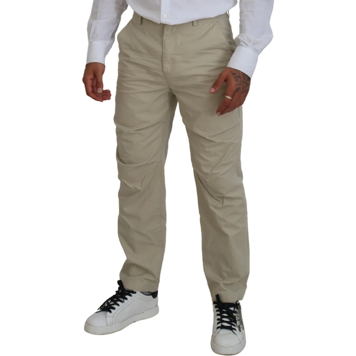 Beige Cotton Straight Fit Men Casual Pants