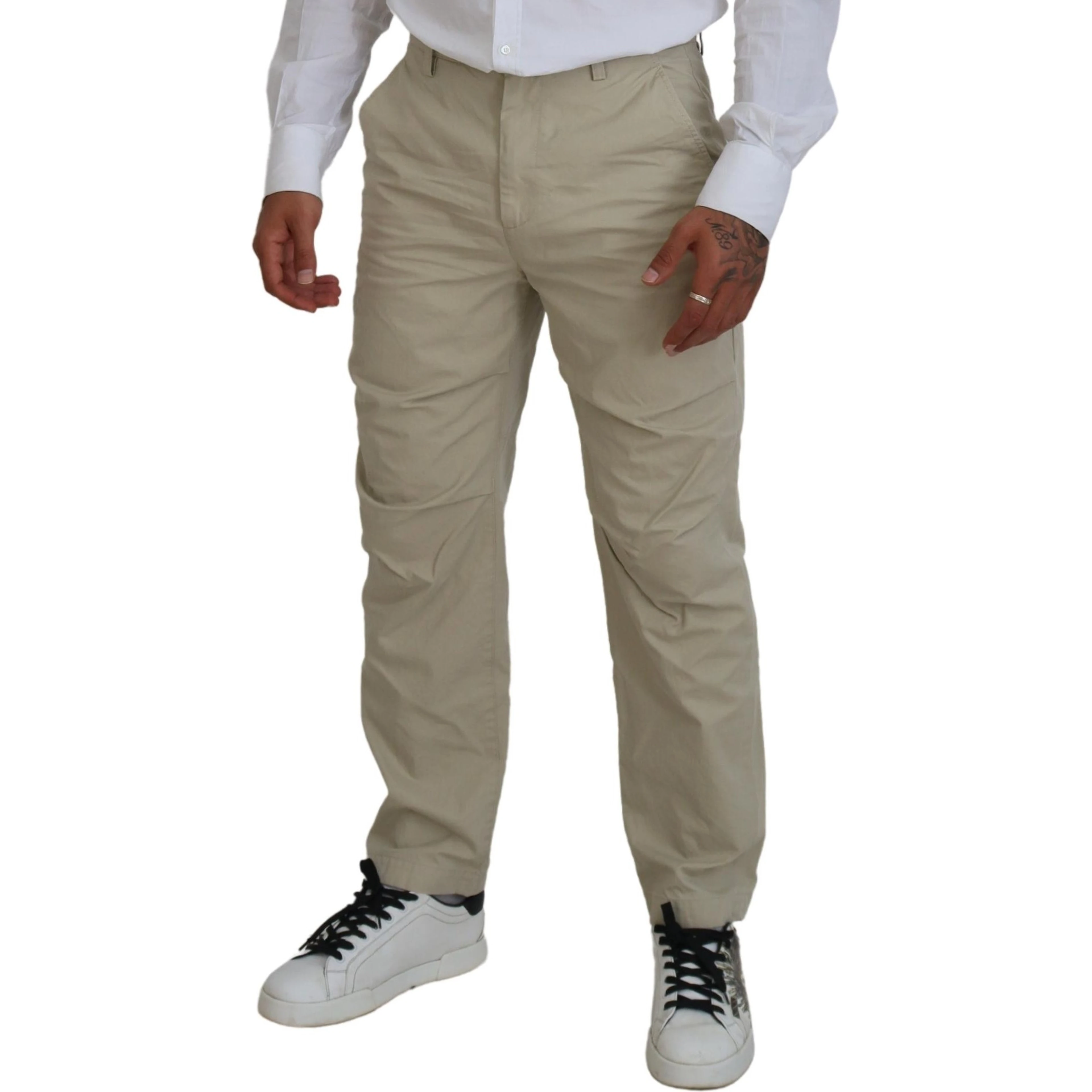 Beige Cotton Straight Fit Men Casual Pants