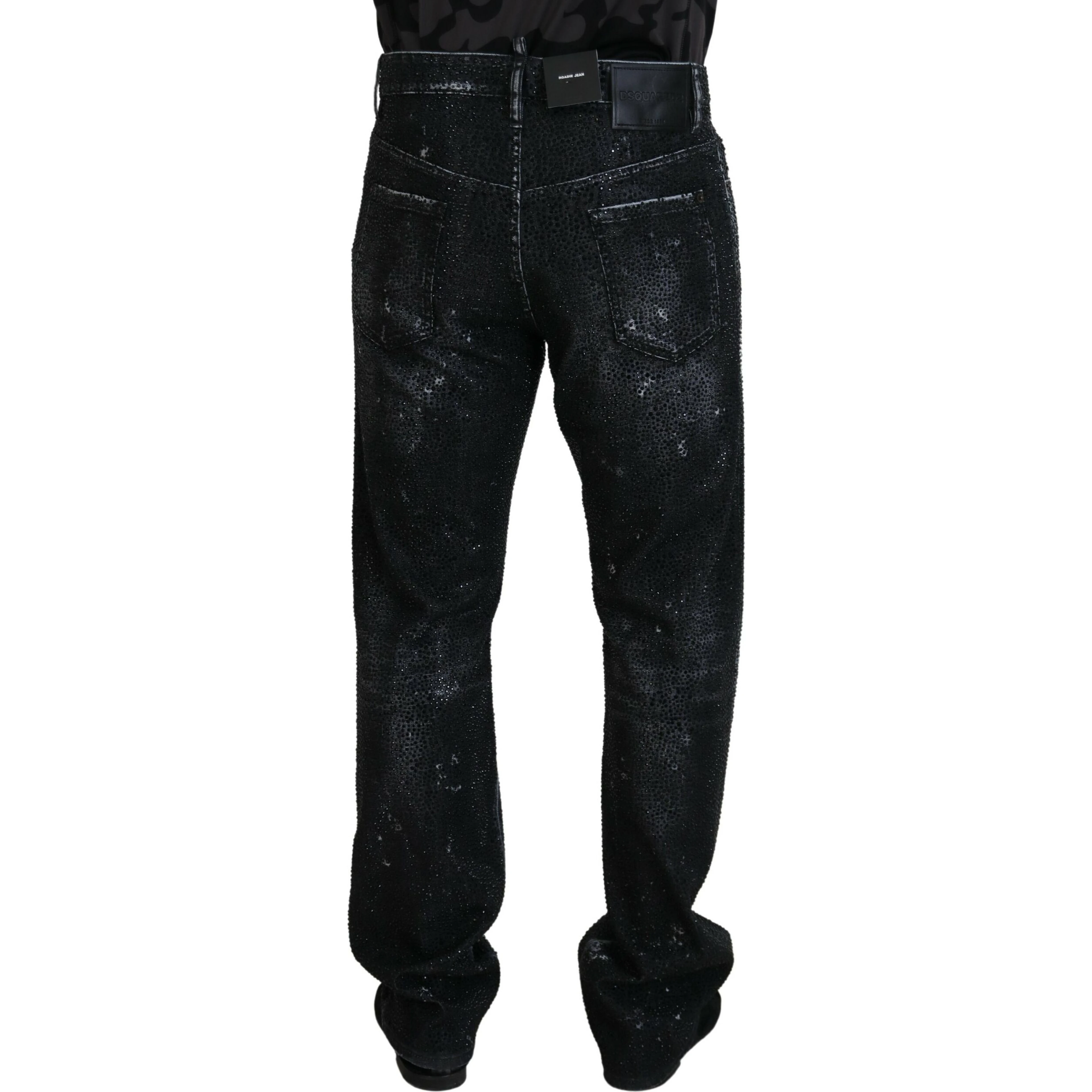 Black Crystal Embellished Tattered Denim Jeans