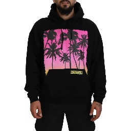 Black Cotton Hooded Printed Men Pullover Sweater
