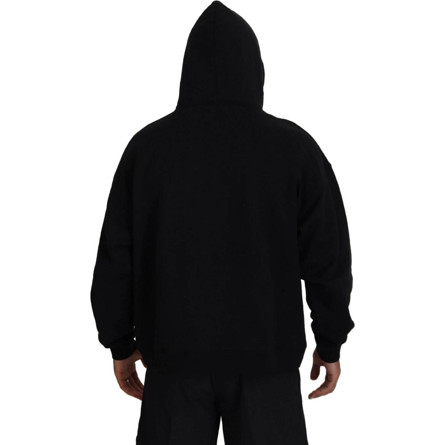 Black Cotton Hooded Printed Men Pullover Sweater
