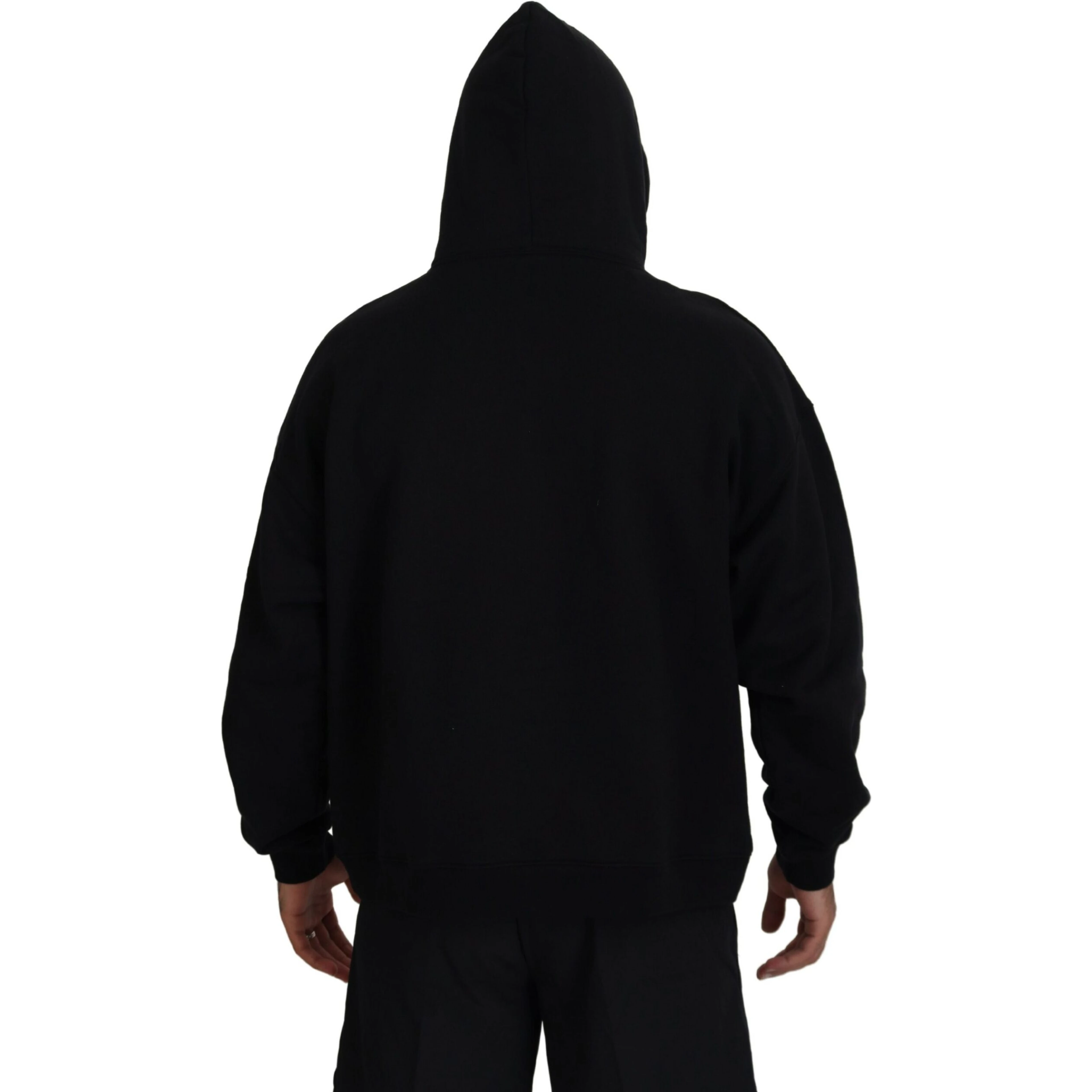 Black Cotton Hooded Printed Men Pullover Sweater