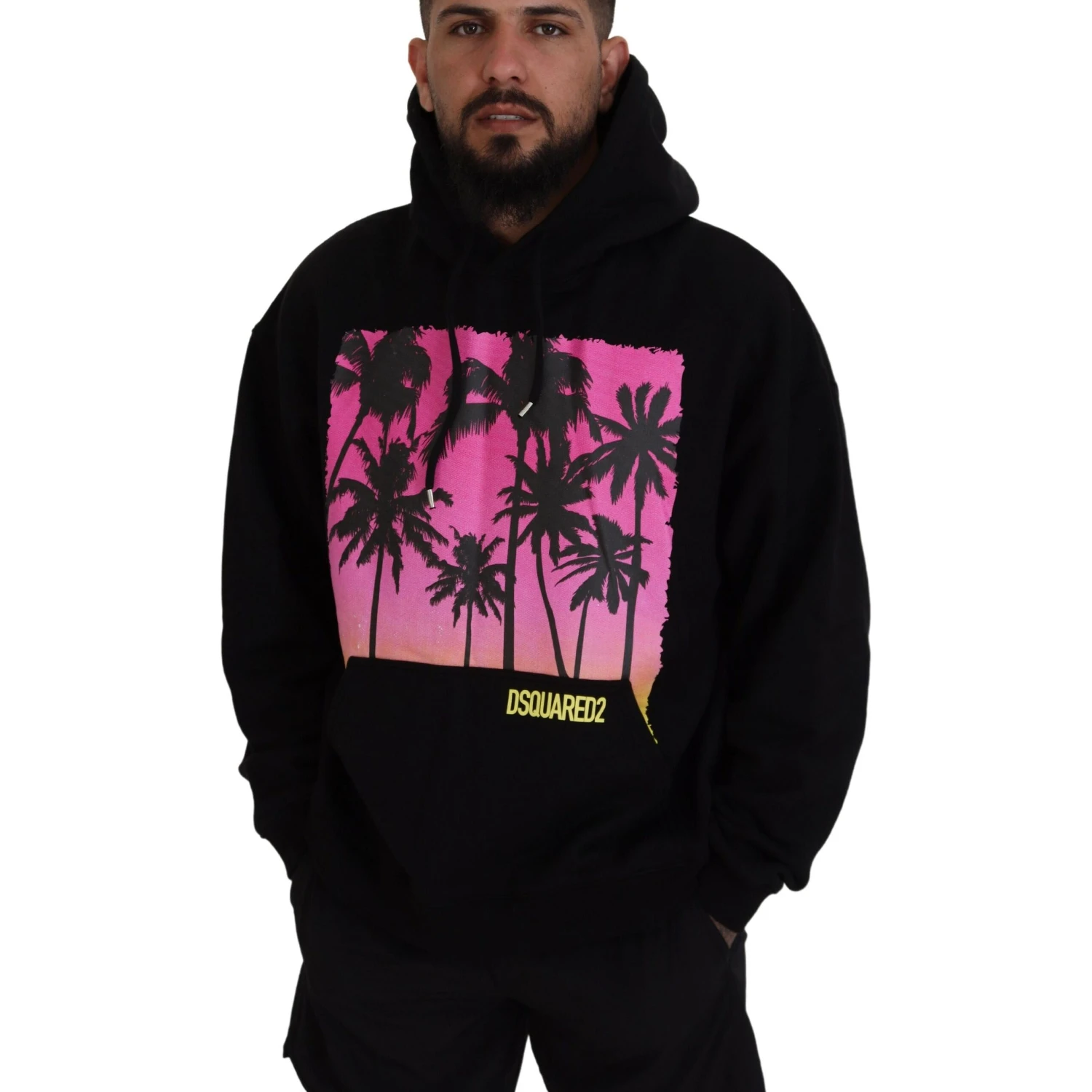 Black Cotton Hooded Printed Men Pullover Sweater