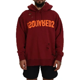 Maroon Cotton Tattered Hooded Printed Pullover Sweater