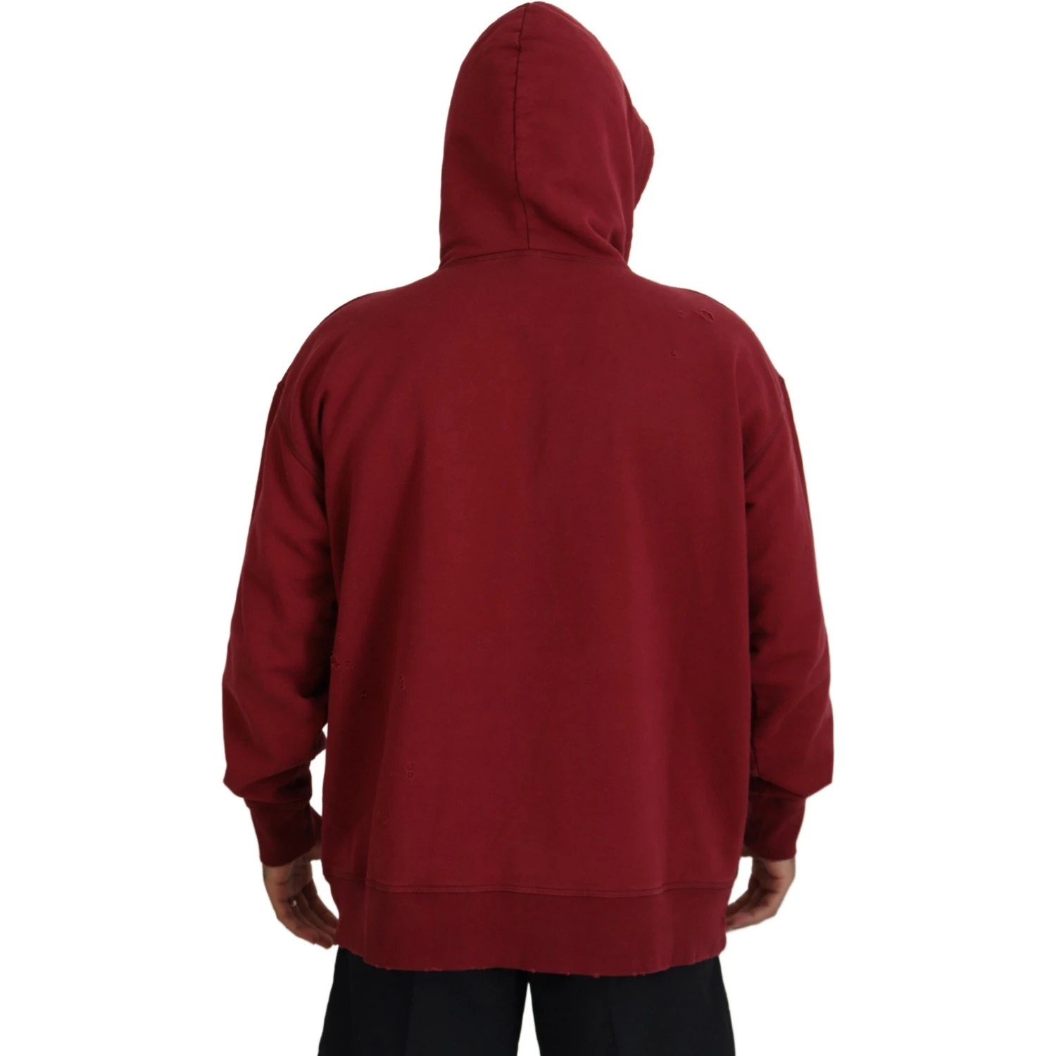 Maroon Cotton Tattered Hooded Printed Pullover Sweater