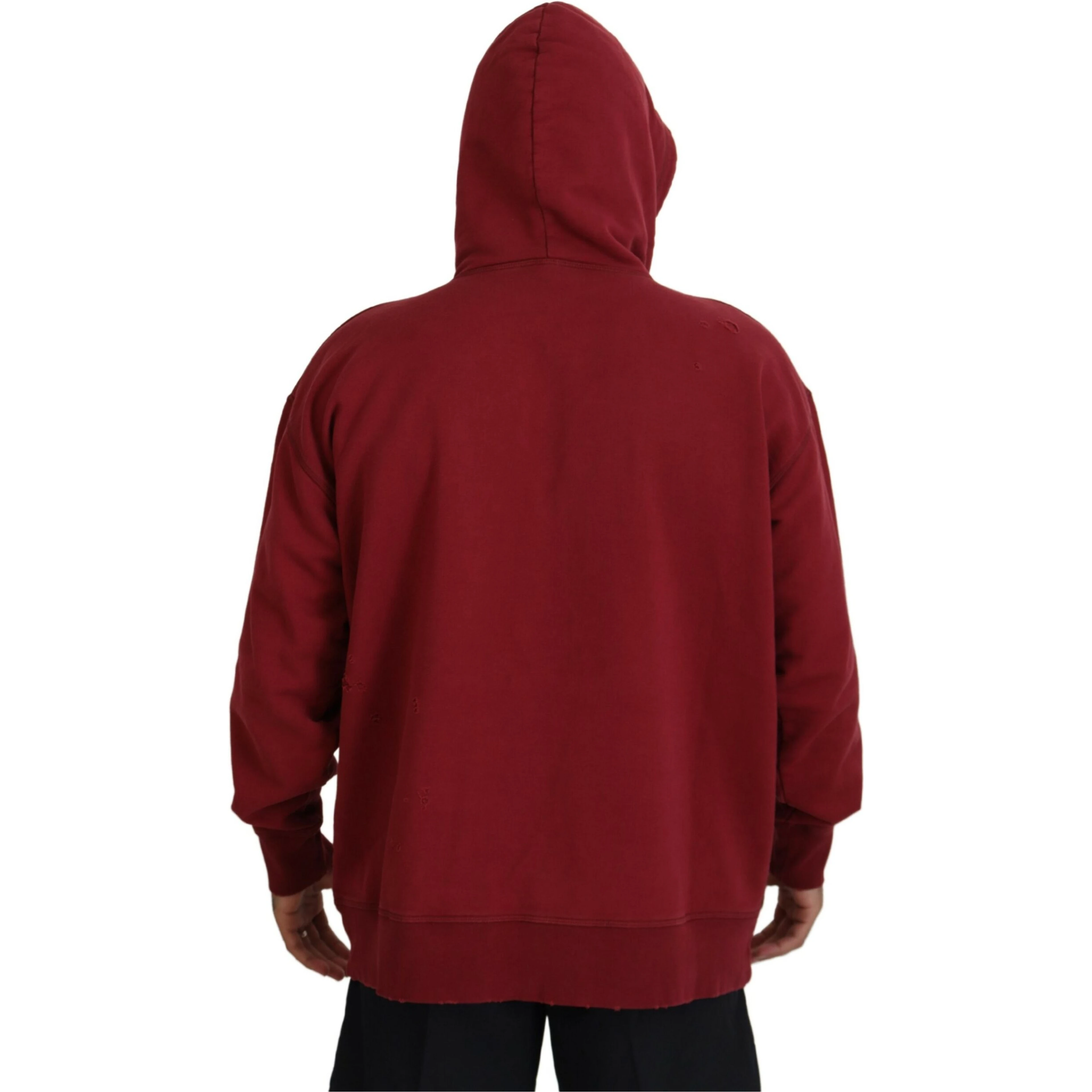 Maroon Cotton Tattered Hooded Printed Pullover Sweater