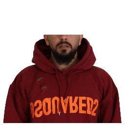 Maroon Cotton Tattered Hooded Printed Pullover Sweater