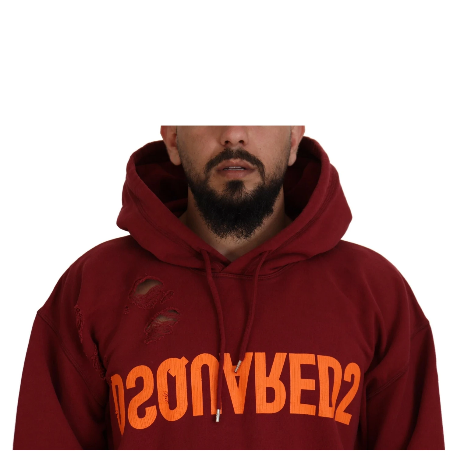 Maroon Cotton Tattered Hooded Printed Pullover Sweater