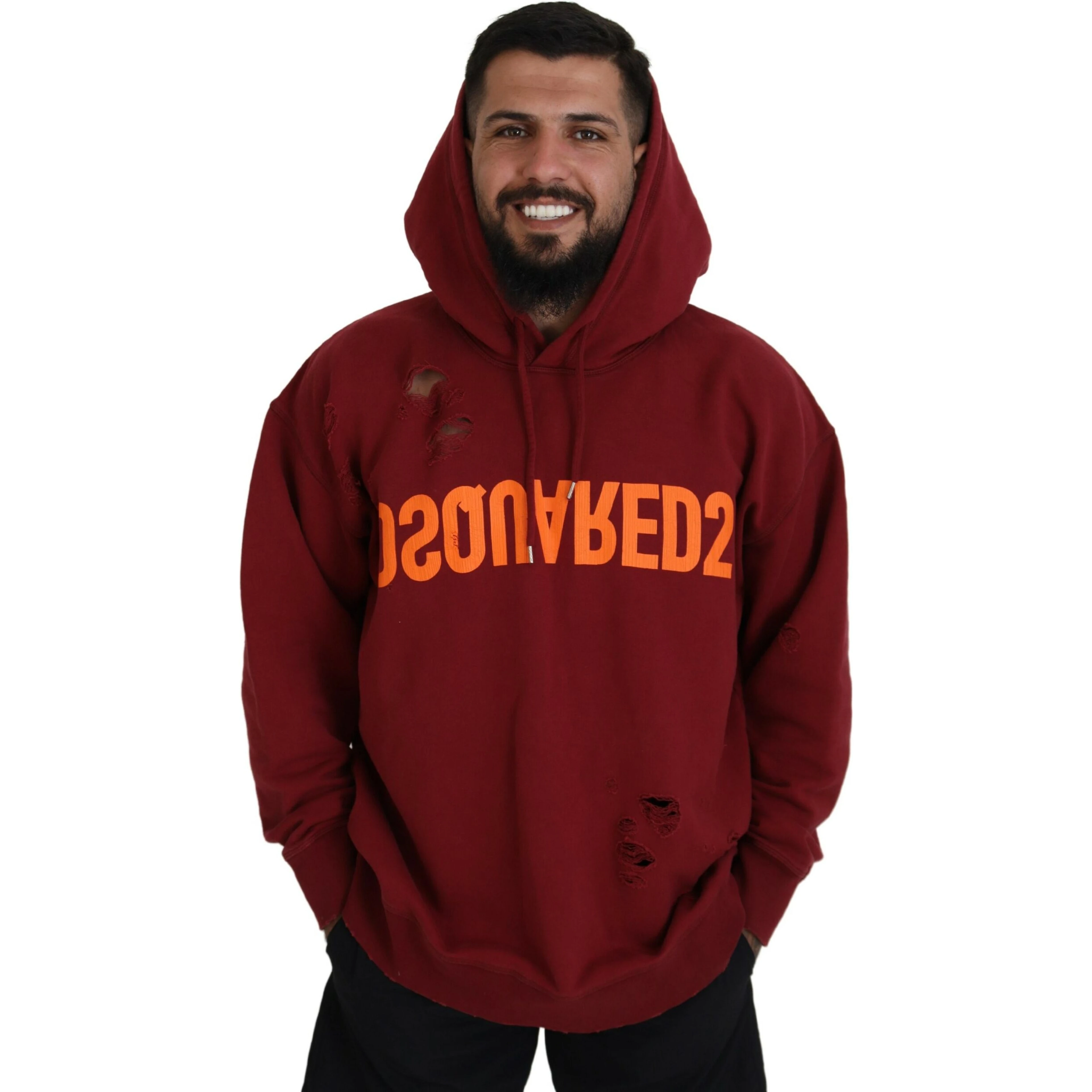 Maroon Cotton Tattered Hooded Printed Pullover Sweater