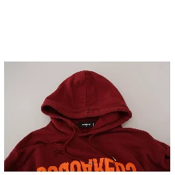 Maroon Cotton Tattered Hooded Printed Pullover Sweater