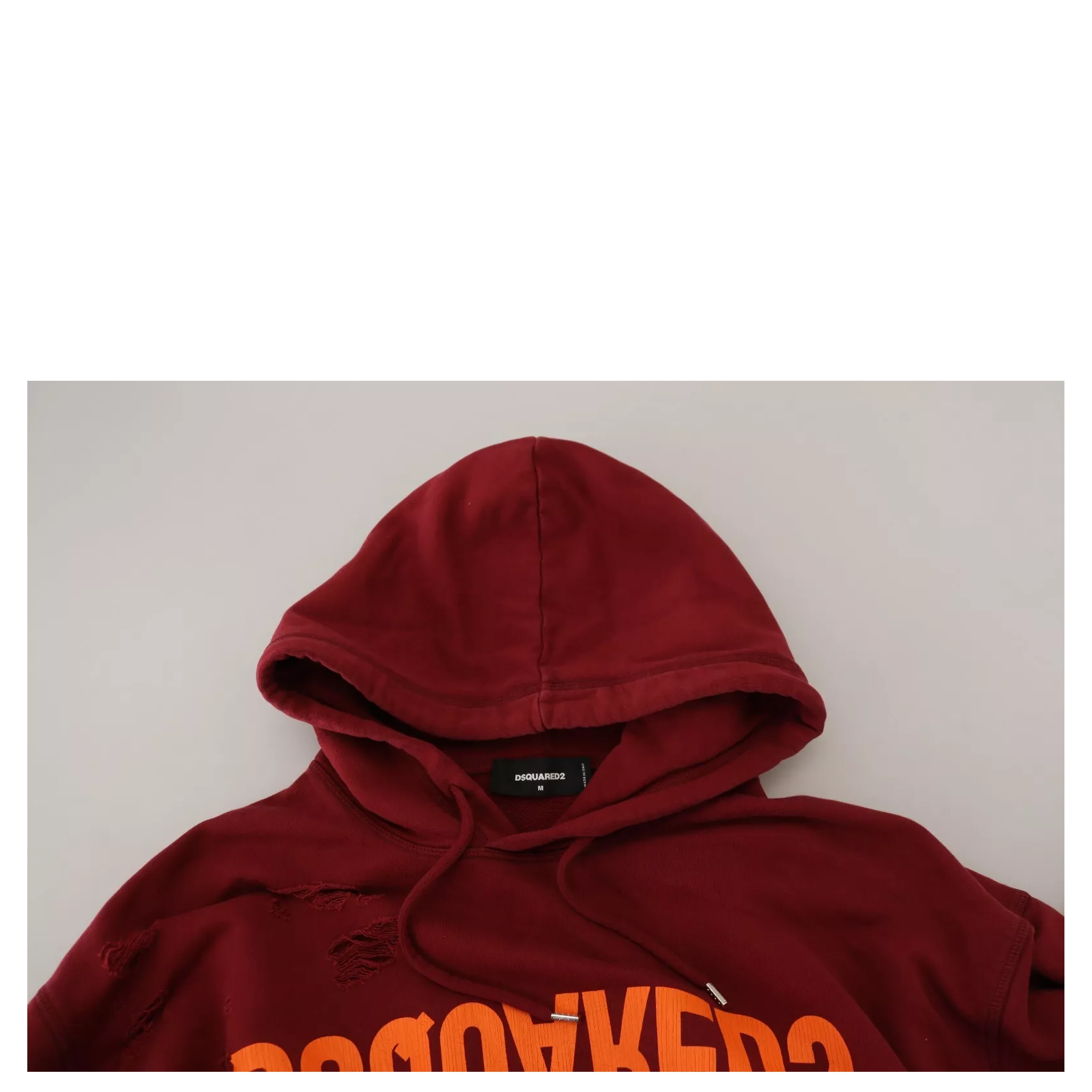 Maroon Cotton Tattered Hooded Printed Pullover Sweater