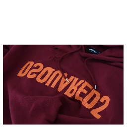 Maroon Cotton Tattered Hooded Printed Pullover Sweater