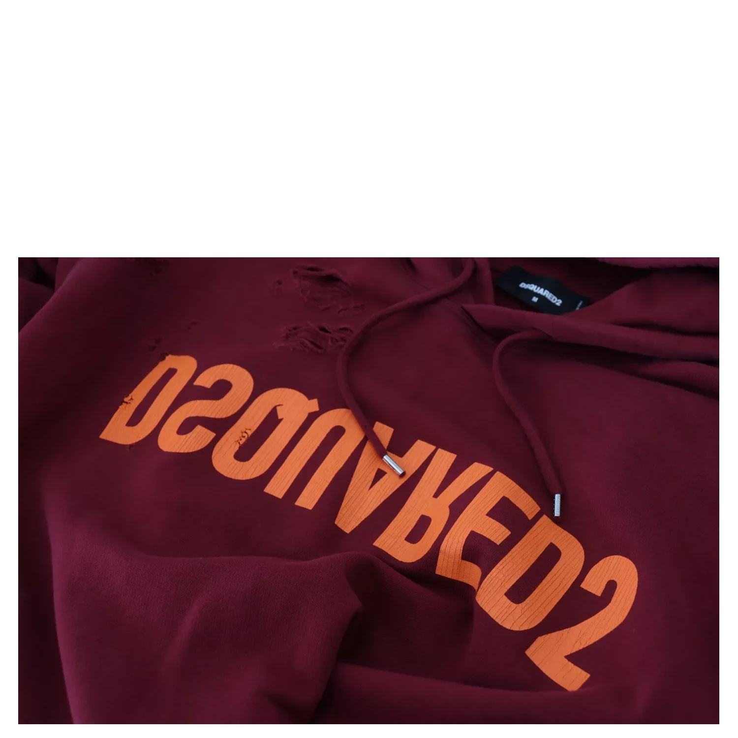 Maroon Cotton Tattered Hooded Printed Pullover Sweater