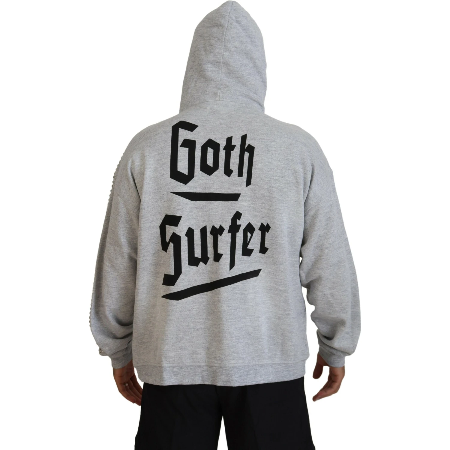 Gray Hooded Printed Crystal Embellishment Sweater