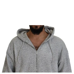 Gray Hooded Printed Crystal Embellishment Sweater