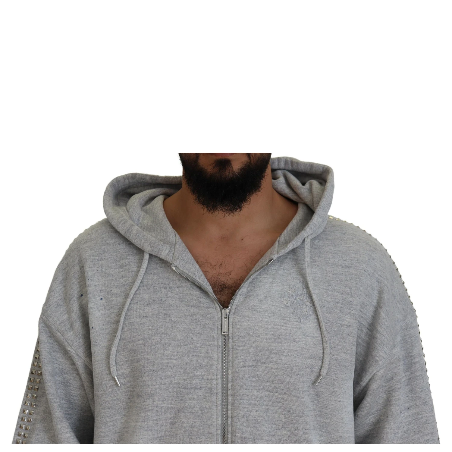 Gray Hooded Printed Crystal Embellishment Sweater