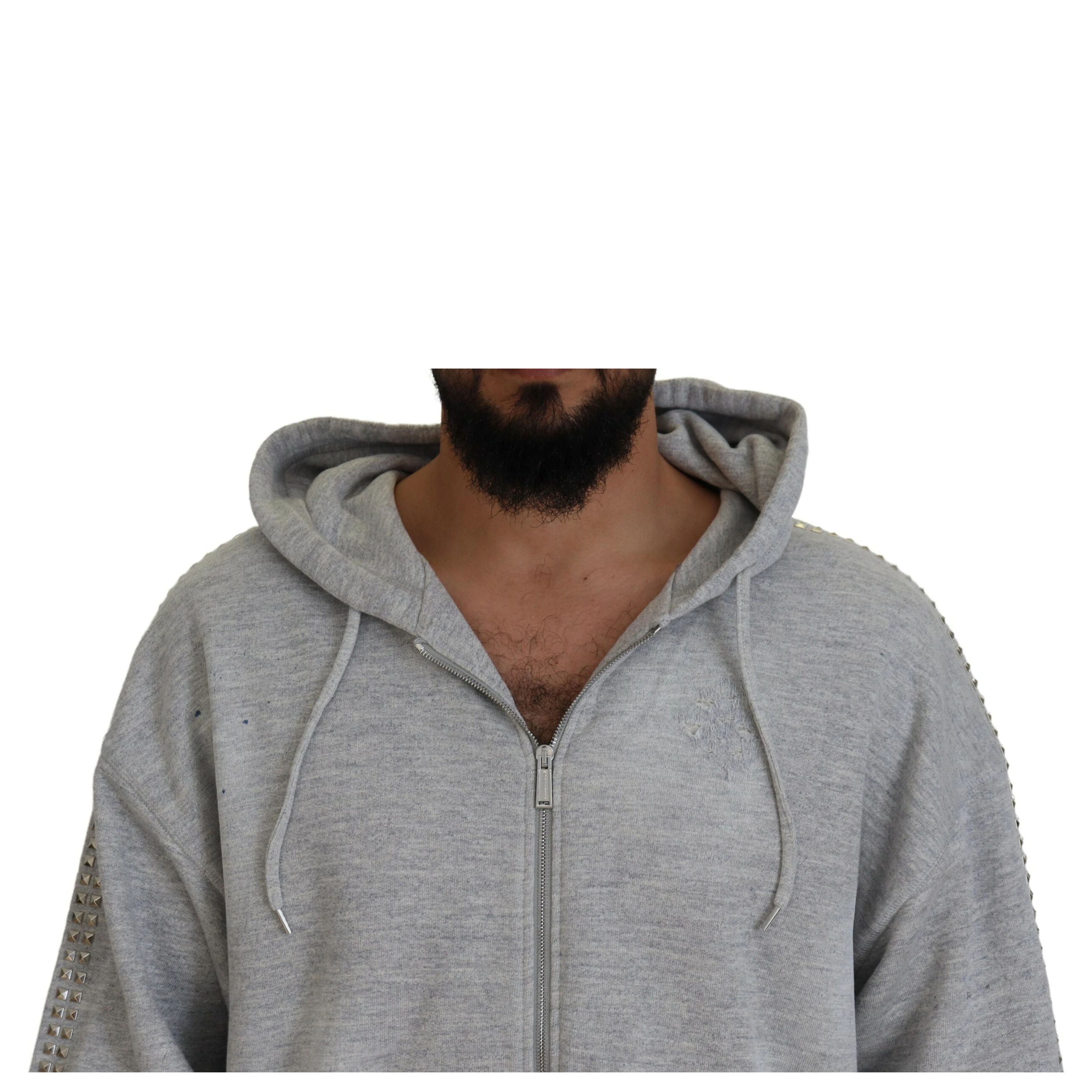 Gray Hooded Printed Crystal Embellishment Sweater