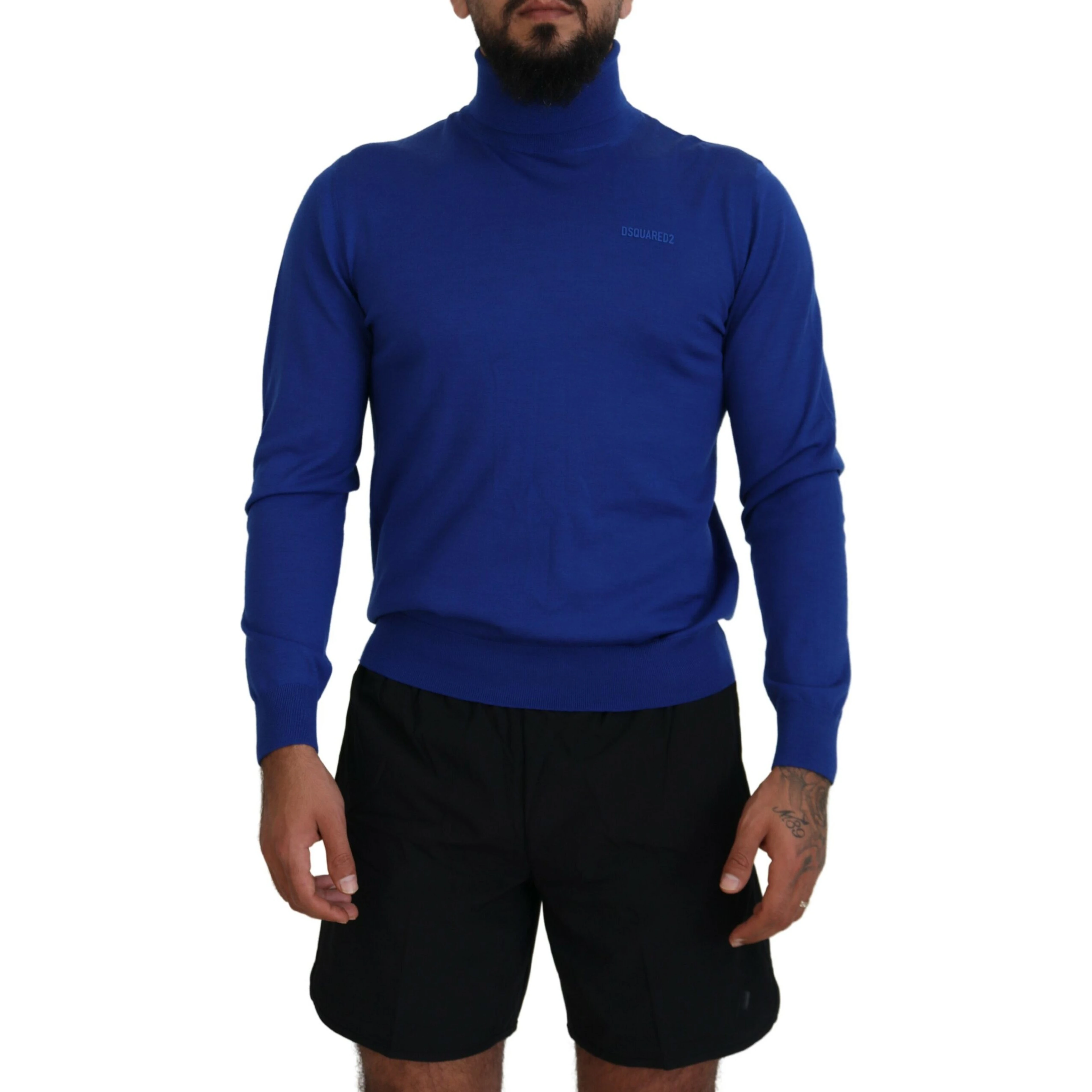 Blue Logo Print Long Sleeves Turtle Neck Sweater