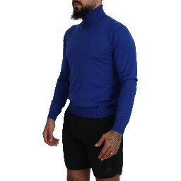 Blue Logo Print Long Sleeves Turtle Neck Sweater
