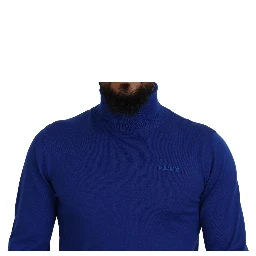 Blue Logo Print Long Sleeves Turtle Neck Sweater