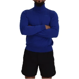 Blue Logo Print Long Sleeves Turtle Neck Sweater