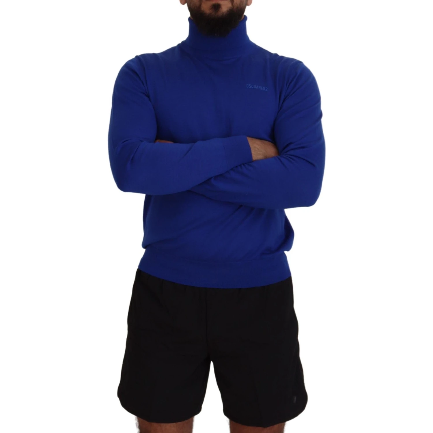 Blue Logo Print Long Sleeves Turtle Neck Sweater