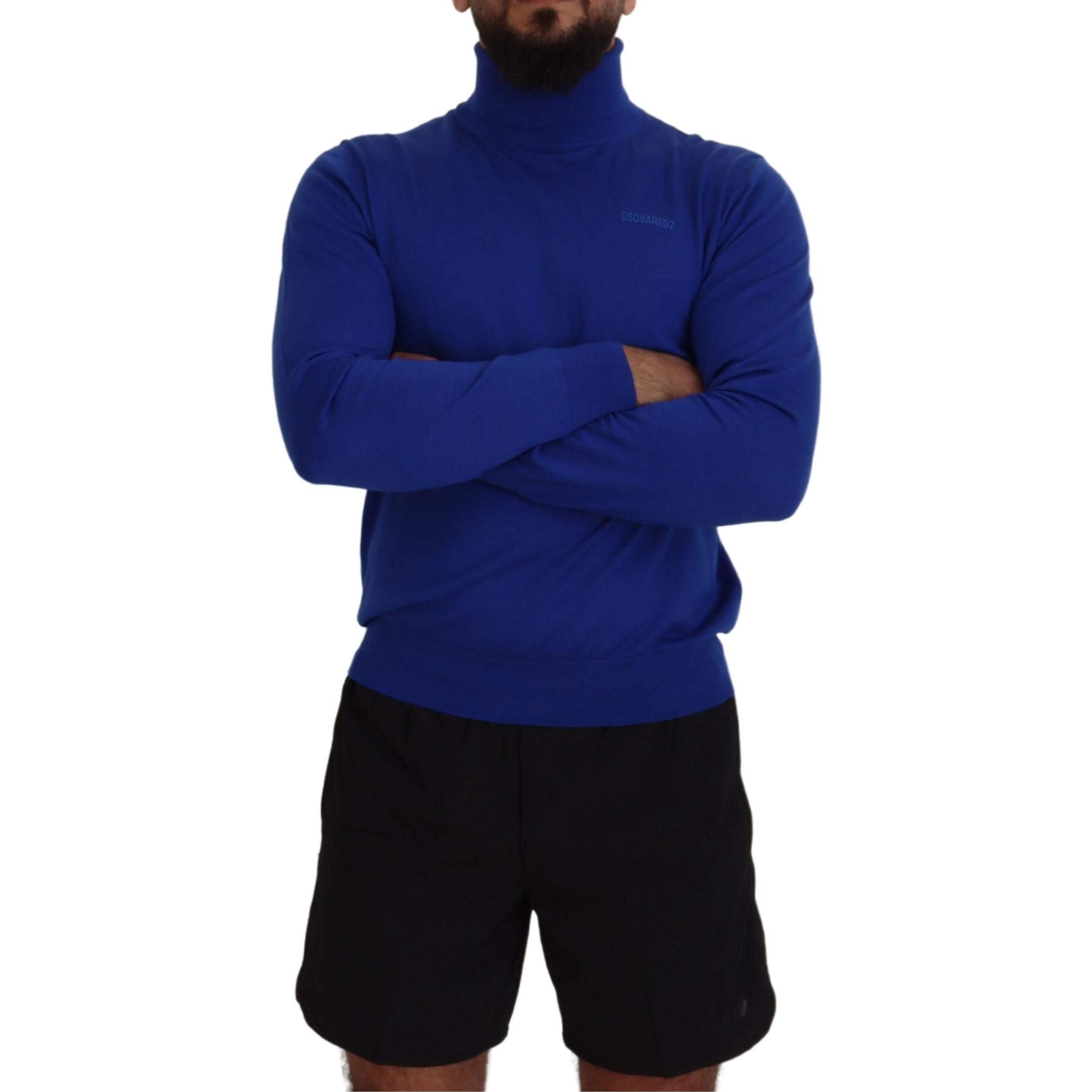 Blue Logo Print Long Sleeves Turtle Neck Sweater