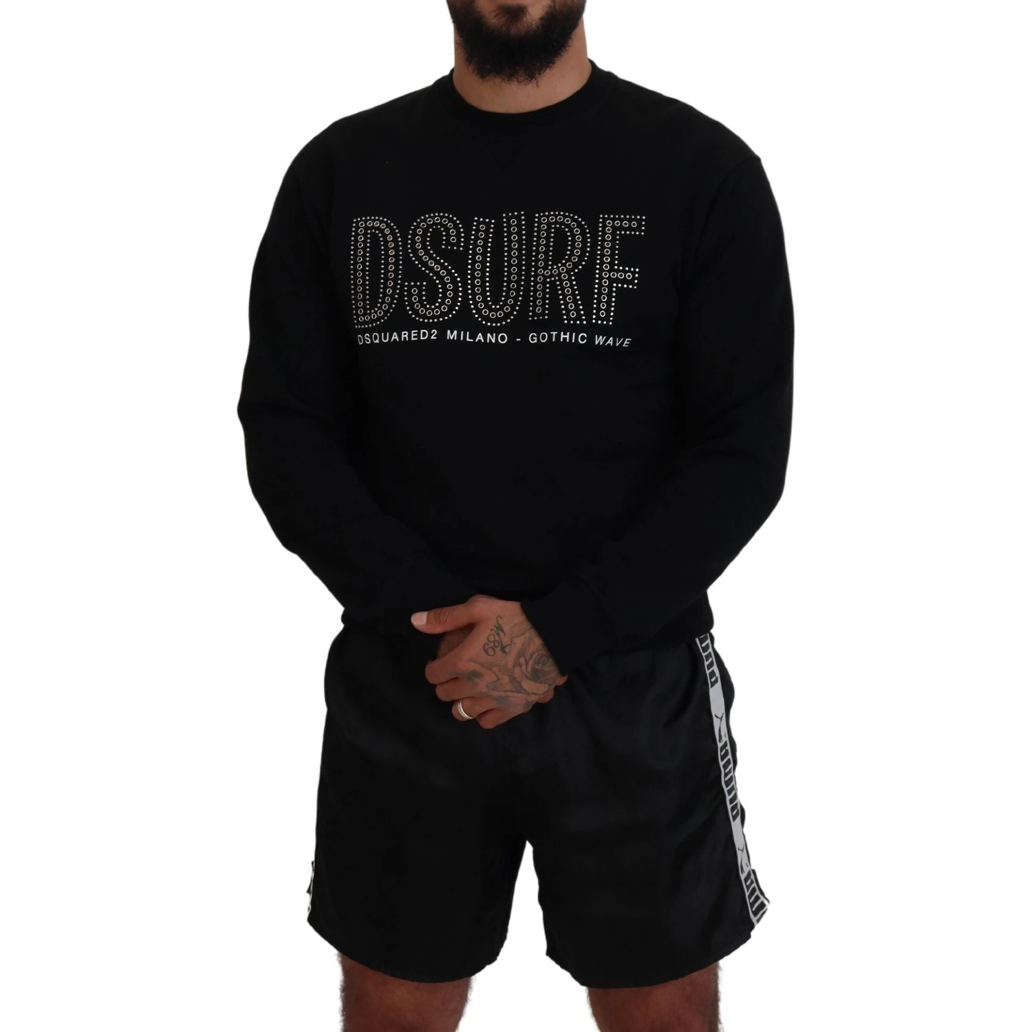 Black Cotton Printed Long Sleeves Pullover Sweater