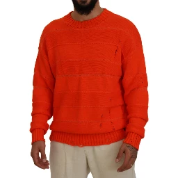 Orange Cotton Long Sleeves Men Pullover Sweater