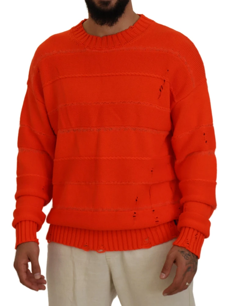 Orange Cotton Long Sleeves Men Pullover Sweater