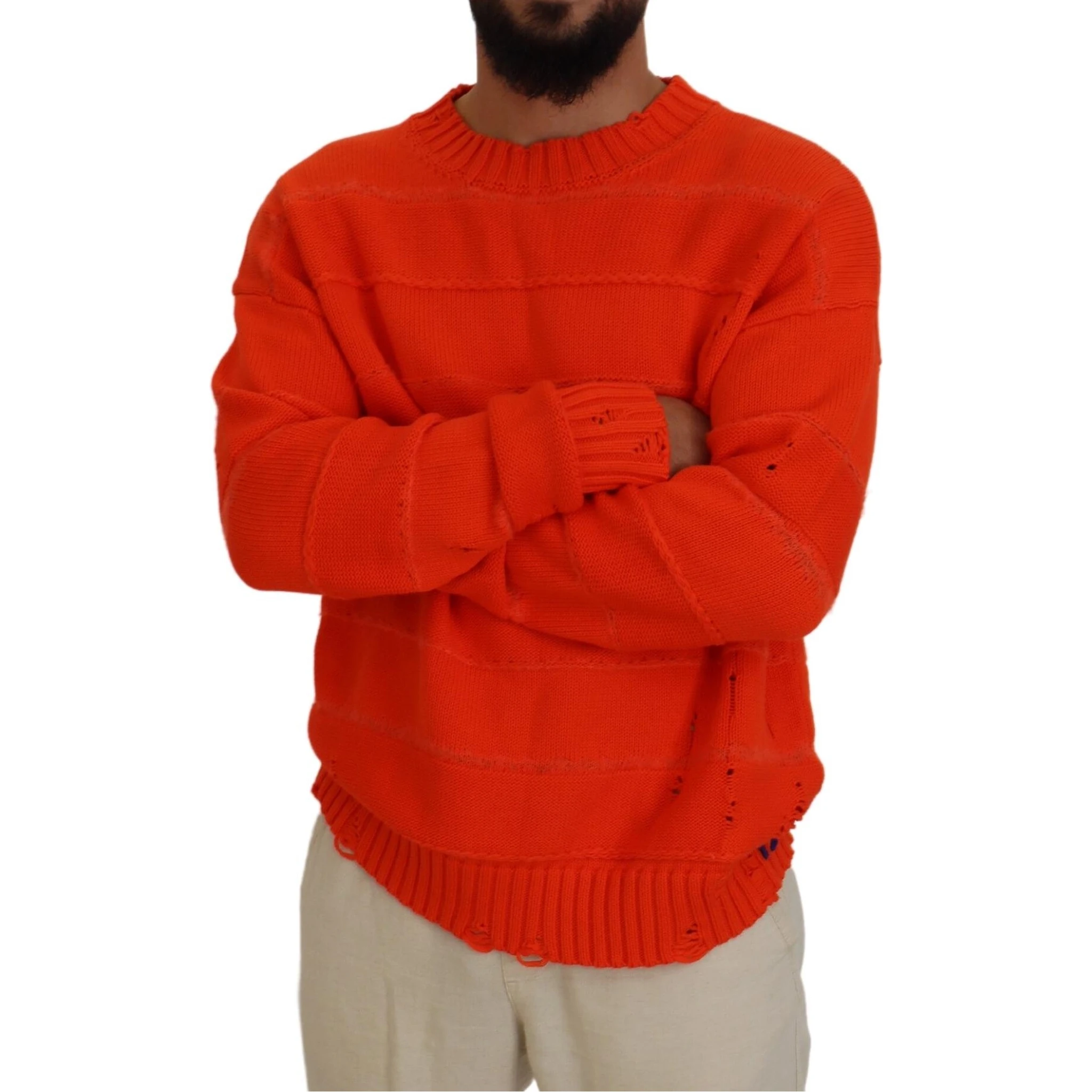 Orange Cotton Long Sleeves Men Pullover Sweater