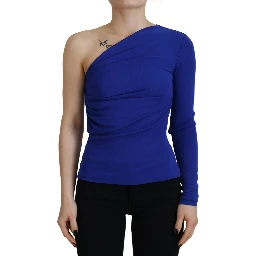 Blue Viscose One Shoulder Slim Fit Blouse Top