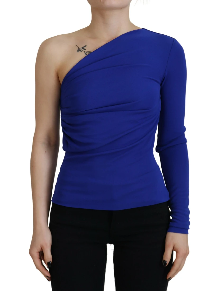 Blue Viscose One Shoulder Slim Fit Blouse Top