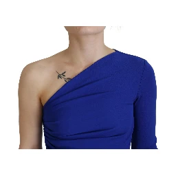 Blue Viscose One Shoulder Slim Fit Blouse Top
