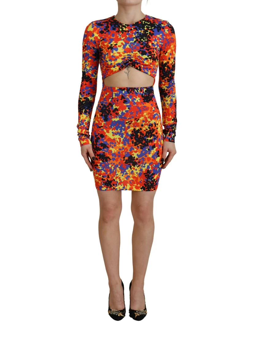Multicolor Batik Open Belly Long Sleeves Dress