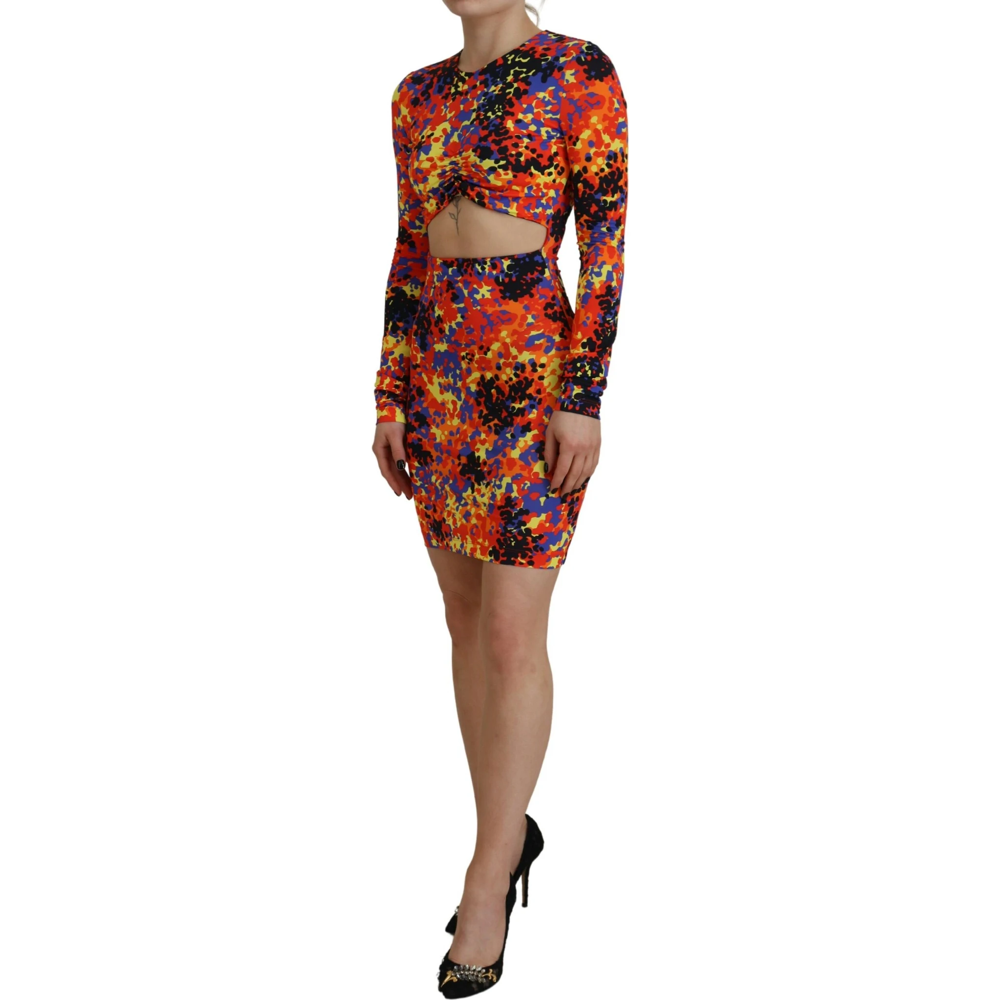 Multicolor Batik Open Belly Long Sleeves Dress