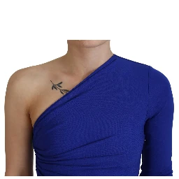 Blue Viscose One Shoulder Bodycon Ruched Mini Dress