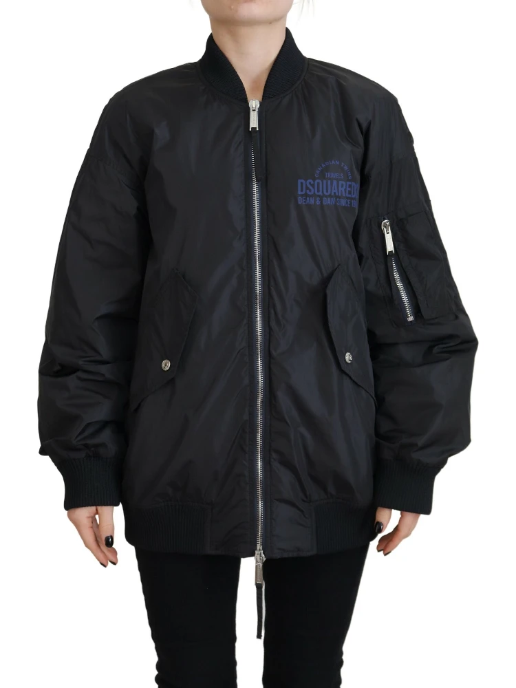Black Logo Print Full Zip Women Bomber Jacket