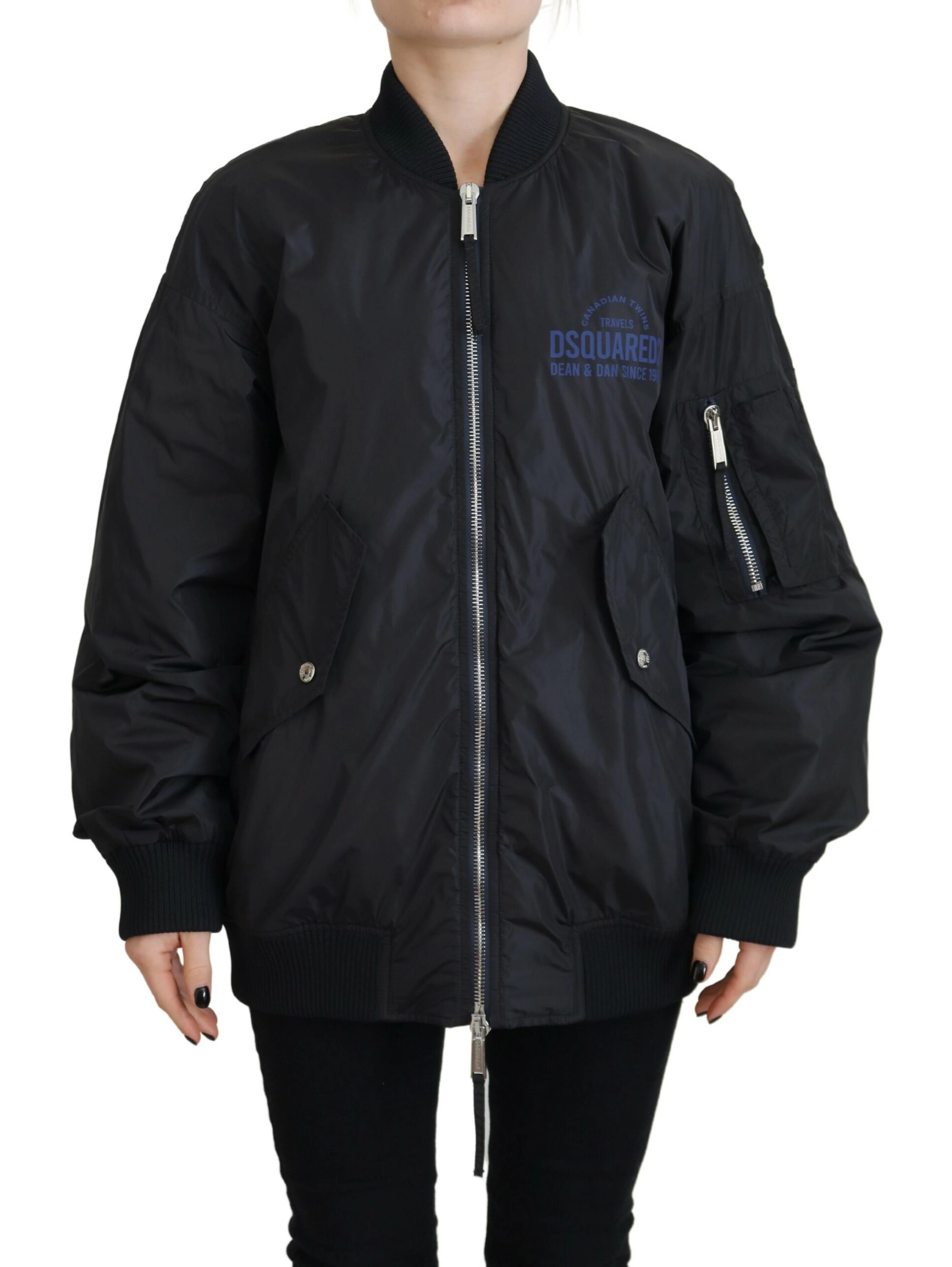 Black Logo Print Full Zip Women Bomber Jacket