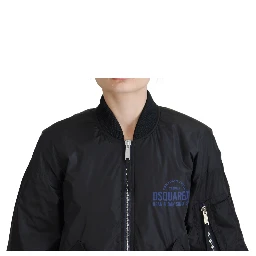 Black Logo Print Full Zip Women Bomber Jacket