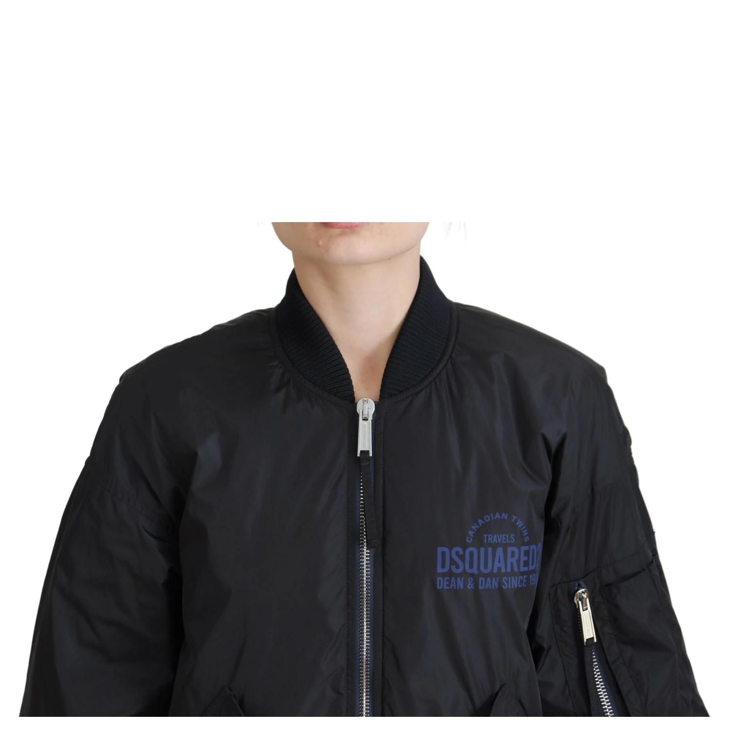 Black Logo Print Full Zip Women Bomber Jacket