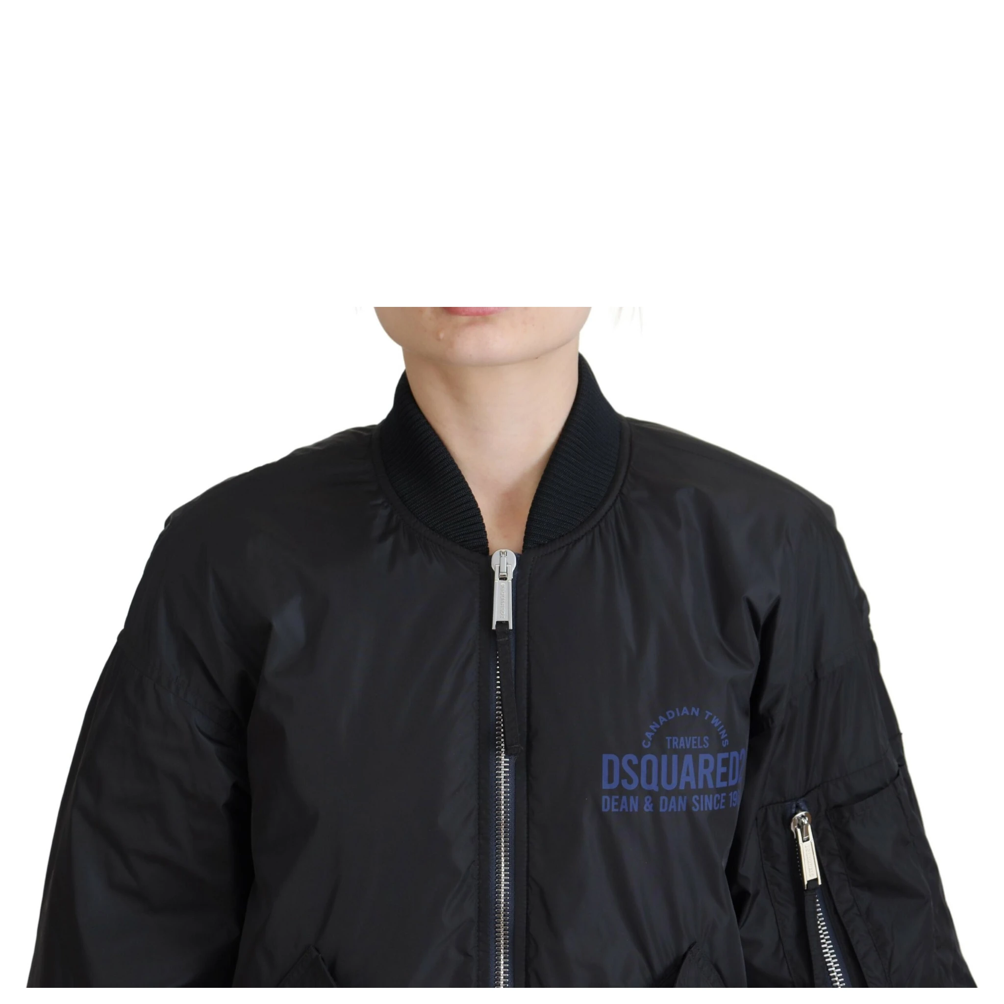 Black Logo Print Full Zip Women Bomber Jacket