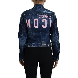 Blue Icon Printed Distressed Denim Jacket