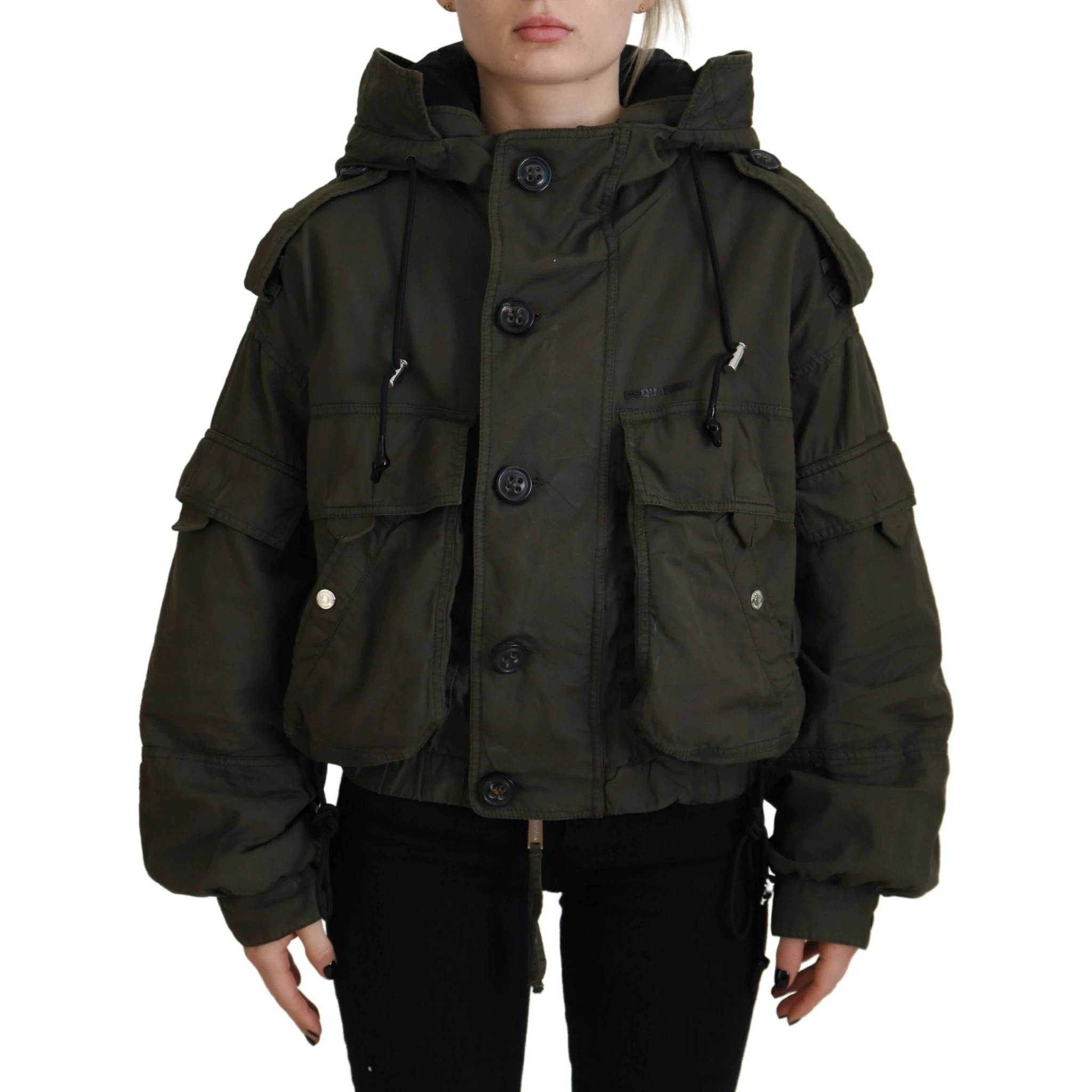 Green Cotton Hooded Cargo Button Jacket