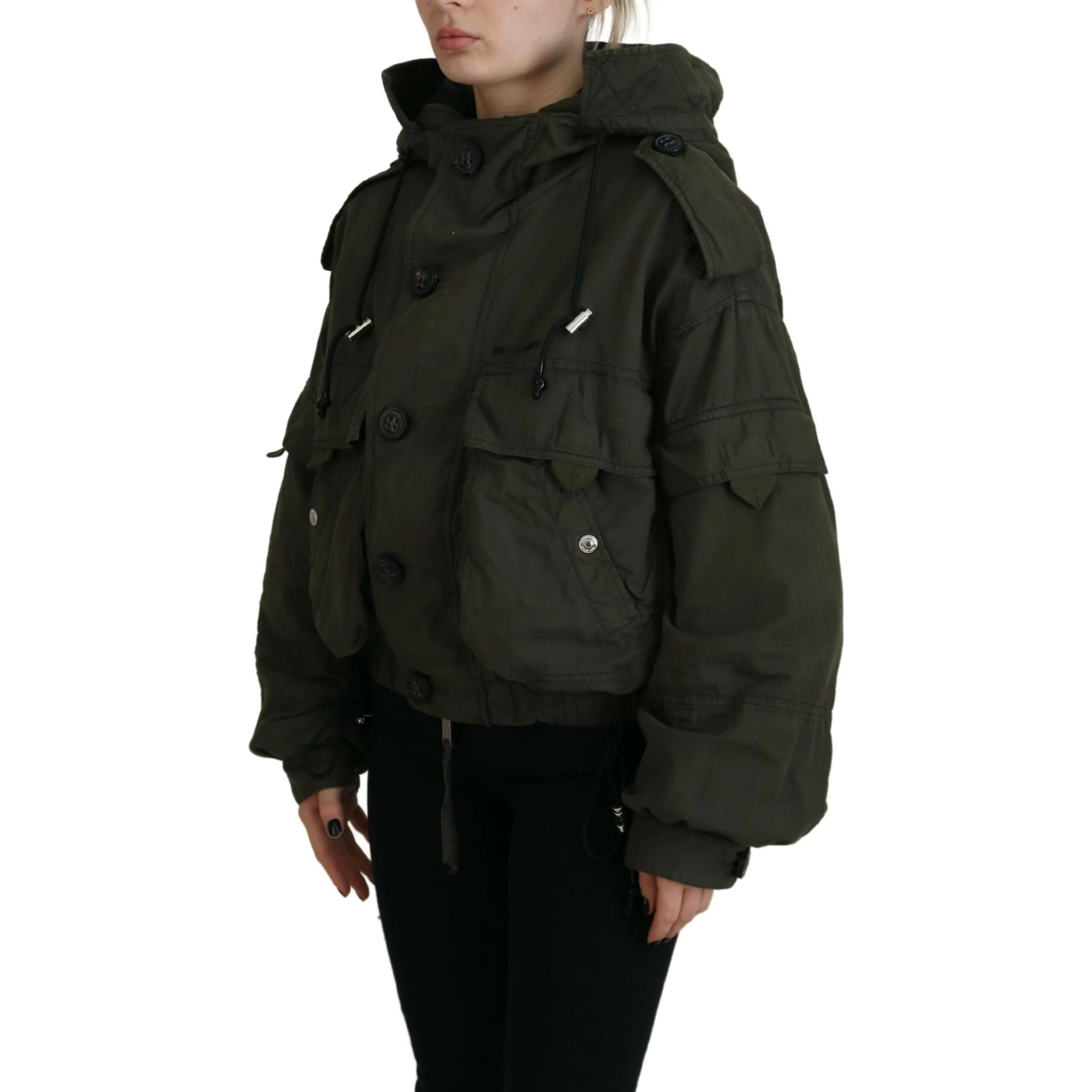 Green Cotton Hooded Cargo Button Jacket